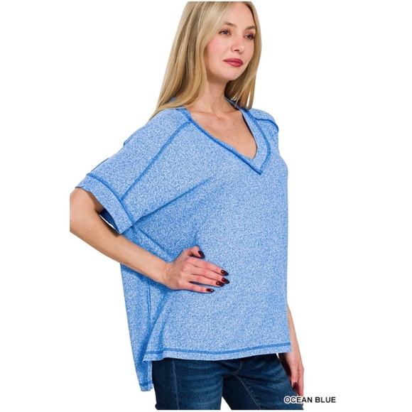 Cozy Solid Hacci V neck Reverse Stitch Short Sleeve Top - Picture 2 of 2